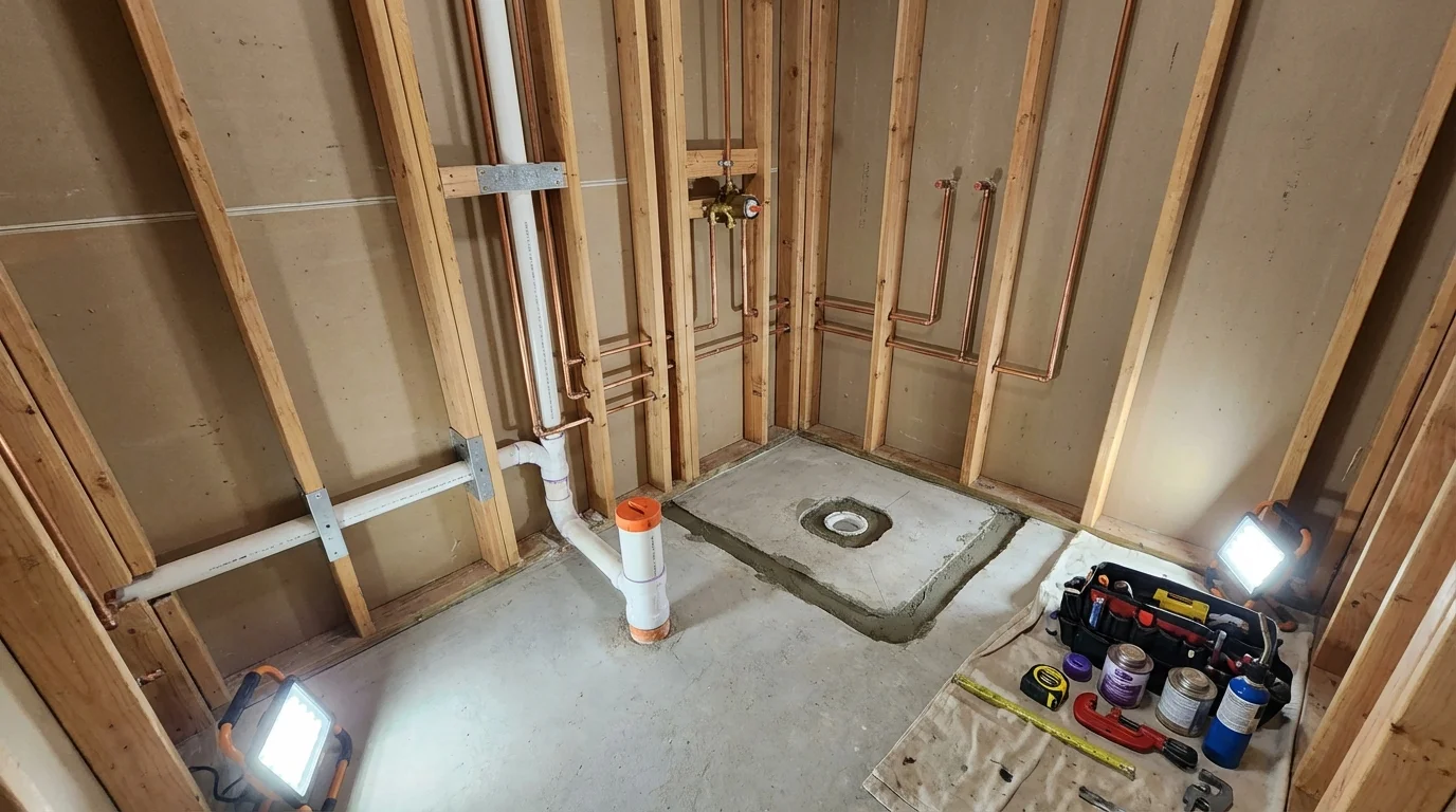 Bathroom rough-in plumbing during remodel by Johns Plumbing LLC in Shoals