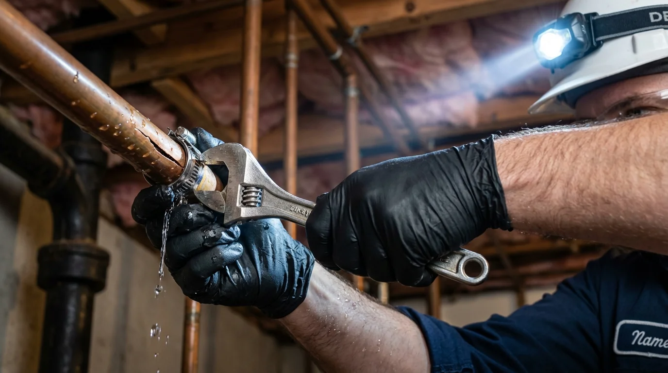 Emergency pipe clamp repair being performed by a Johns Plumbing LLC plumber in Shoals