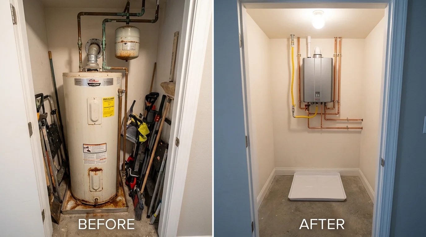 Tank water heater versus wall-mounted tankless unit comparison for Shoals, IN homeowners