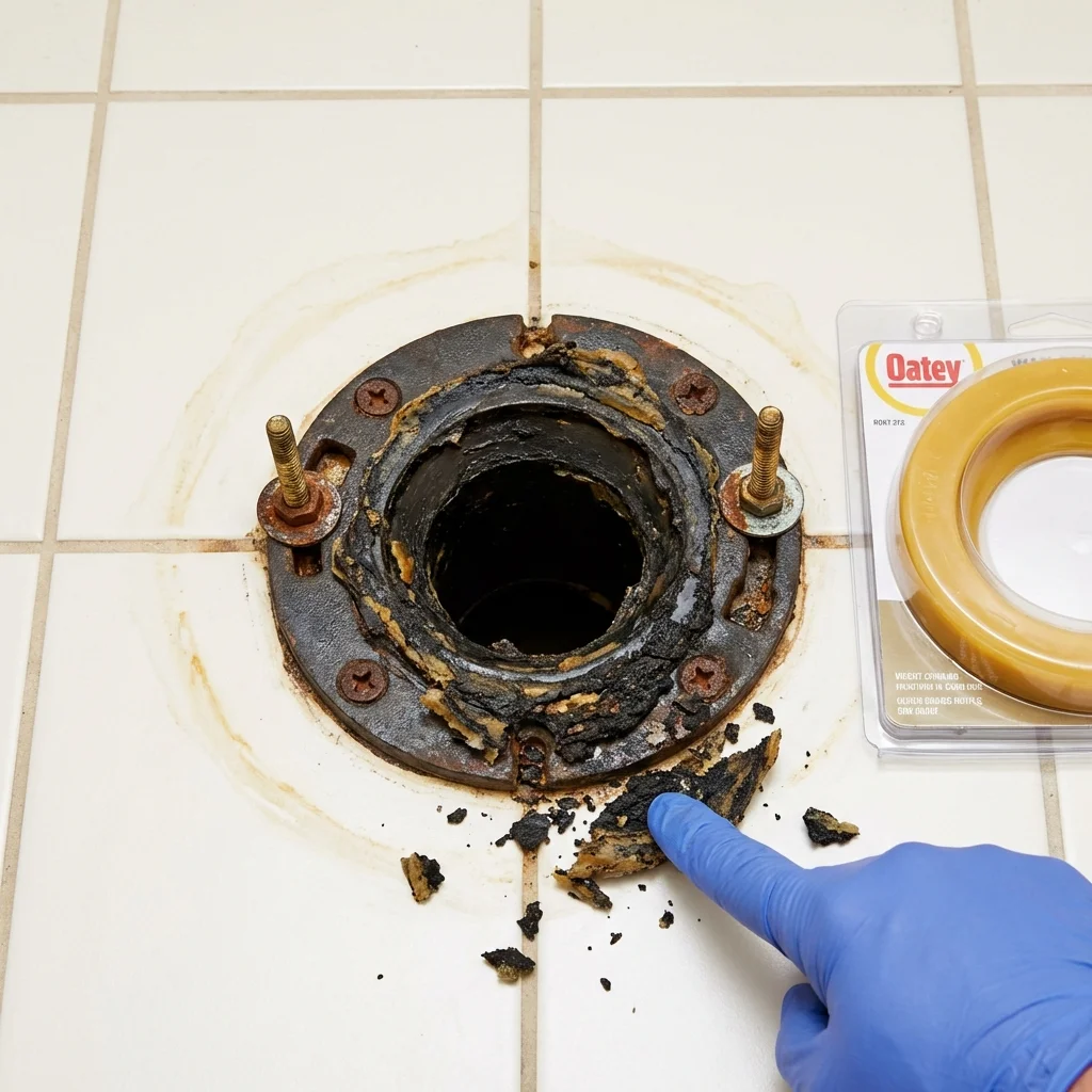 Failed wax ring showing water seepage at the base of a toilet in a Shoals, IN home