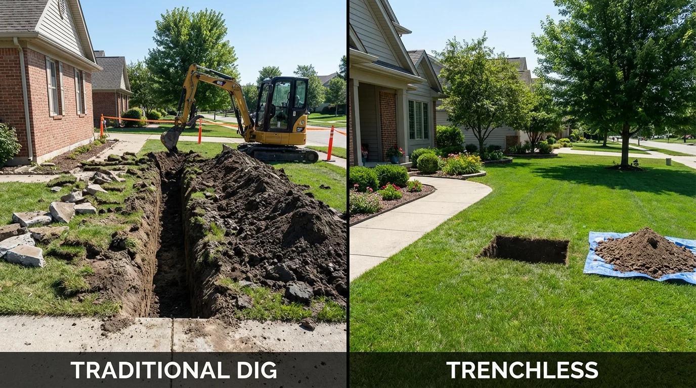 Trenchless sewer repair with minimal yard damage versus traditional excavation in Shoals, IN