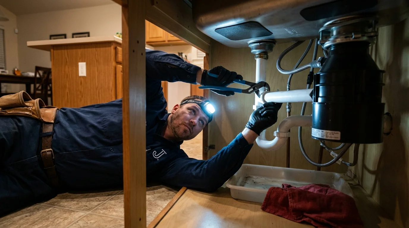 P-trap and supply line connections under a kitchen sink showing a common leak point in Shoals, IN